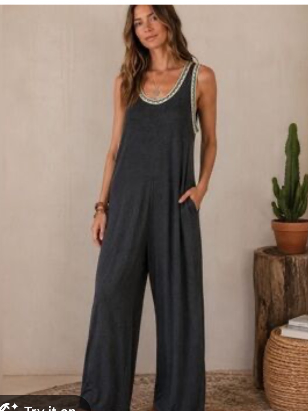 NATURAL LIFE Charcoal Scoop-Neck Wide-Leg Knit Jumpsuit
